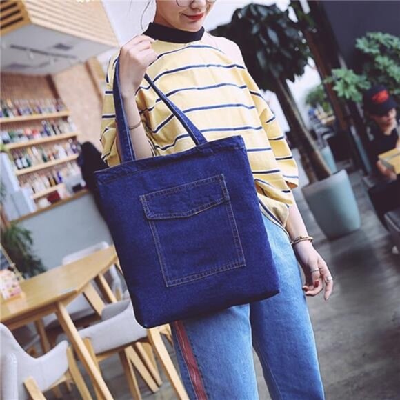denim Shoulder Bag Large Capacity Zipper Closure Casual Tote- Picture 1 - Picture 4 of 8
